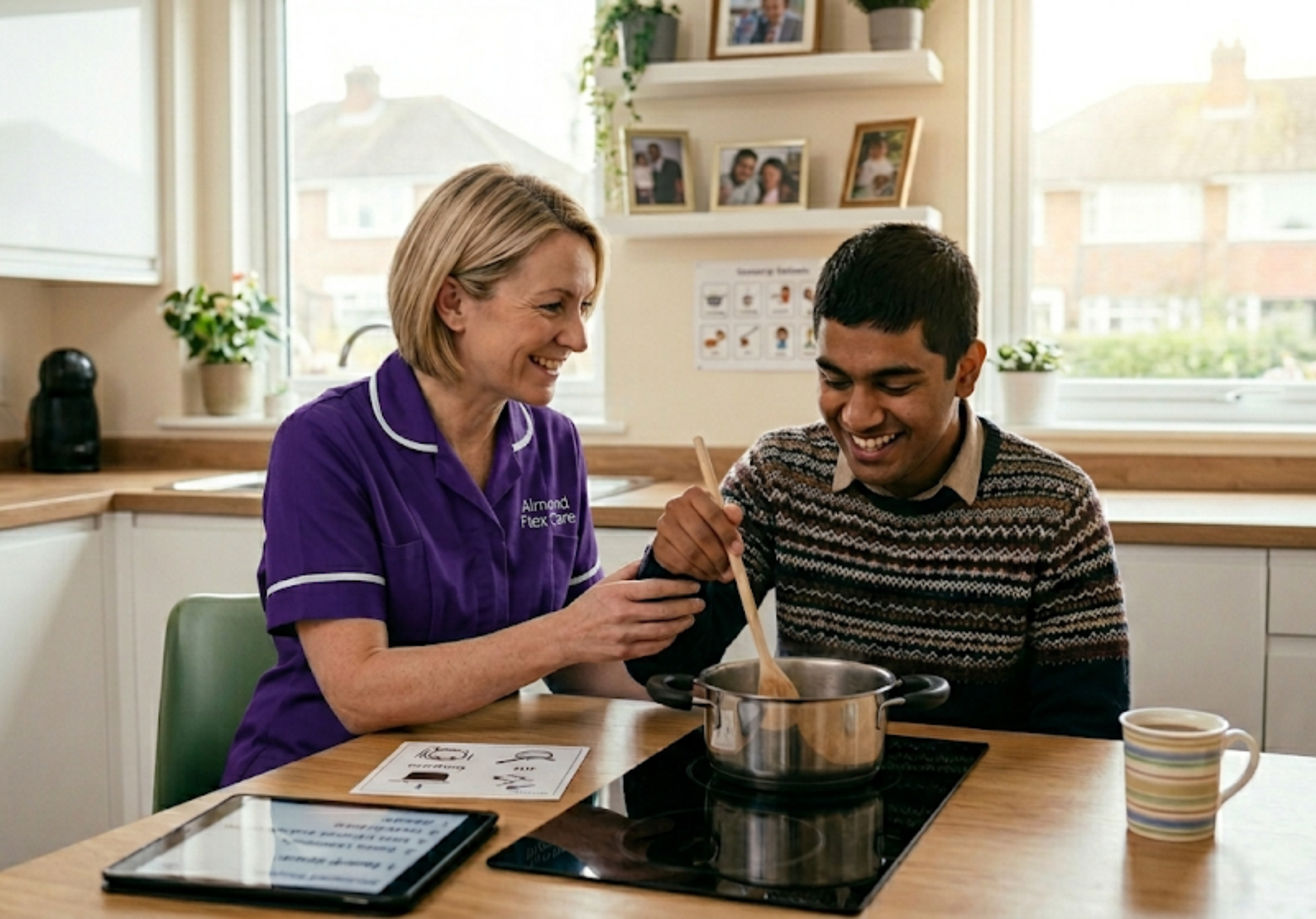 A White European Almond Flex Care support worker helping a young man with a learning disability learn to cook in his Durham supported living flat — representing the independent living skills support included in the service